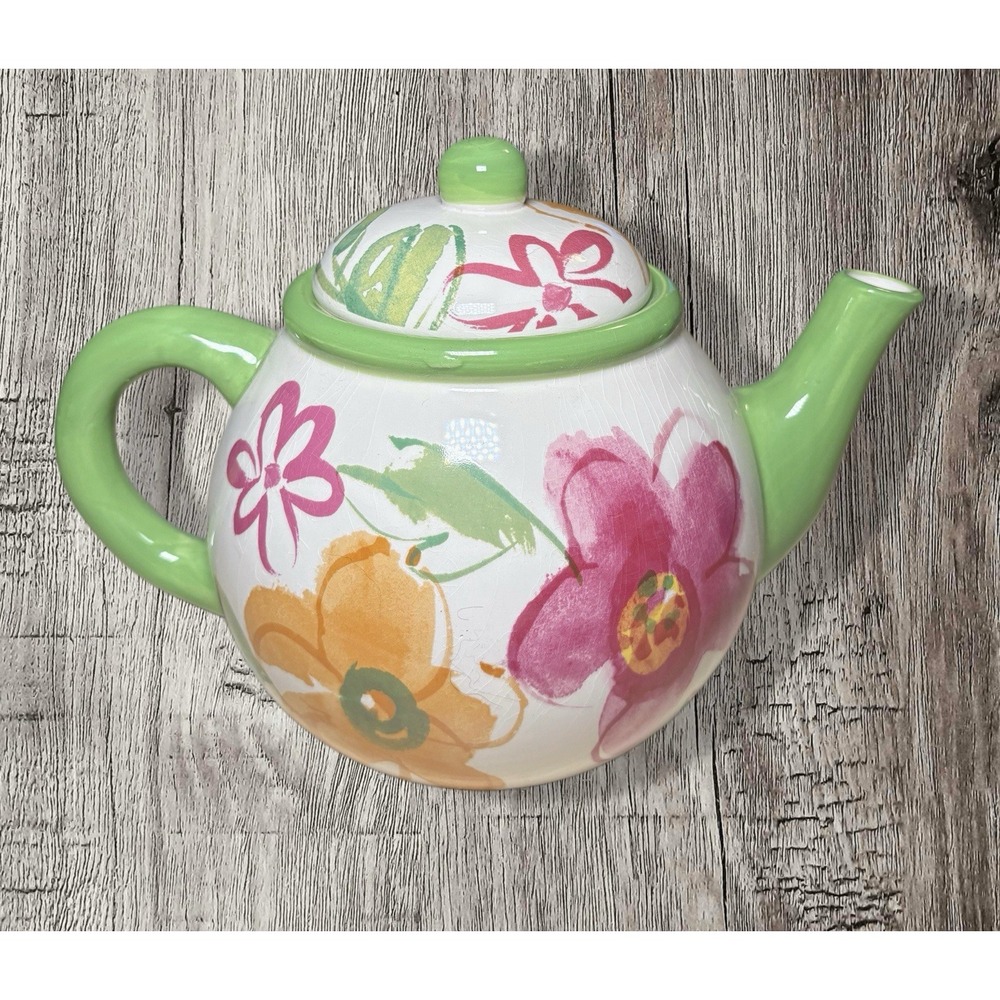 Ceramic Tea Pot Purple,Yellow Flowers W/Green- Decorative Collectible 6.75x5.5"